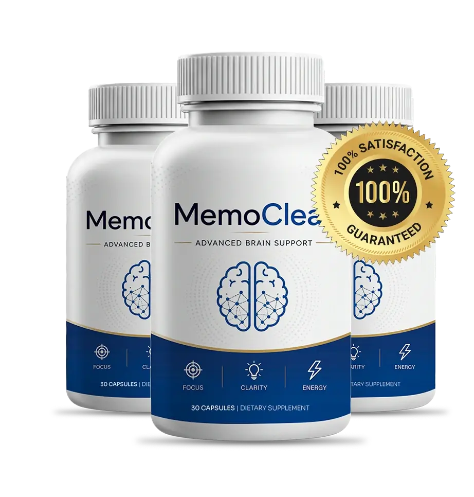 Three MemoClear capsule bottles with advanced brain support packaging